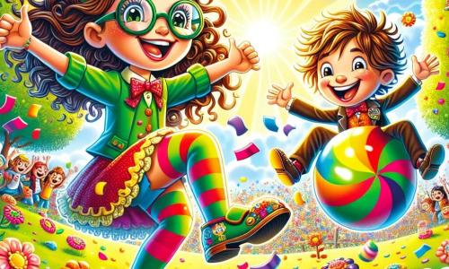 Leni, ein 12-jähriges Mädchen mit lockigem braunem Haar und runden Brillen, trägt glänzende grüne Socken, die in der Sonne funkeln. Sie ist voller Freude und Entschlossenheit und springt begeistert inmitten einer Explosion lebendiger Farben, umgeben von tanzenden Blumen und schwebenden Zahlen. Neben ihr hüpft Wackel-Willi, ein 10-jähriger Junge mit zerzaustem Haar und einem bunten Kostüm, auf einem riesigen Gummiball und lacht laut. Er wirft bunte Konfetti in die Luft und trägt zur festlichen Stimmung bei. Im Hintergrund ist ein sonniger Park mit leuchtenden Bäumen, bunten Blumen und spielenden Kindern, der eine fröhliche und dynamische Atmosphäre schafft. Die Szene zeigt Leni und Wackel-Willi, die ihren Sieg über den Graufritze feiern, mit leuchtenden Farben, die den Himmel erhellen, während Lachen und Lächeln die Luft erfüllen und Freundschaft sowie die Magie ihres Abenteuers symbolisieren.