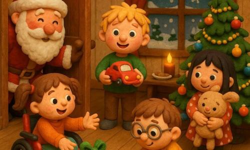 Er zijn vier kinderen: Emma, meisje 6 jaar, bruin haar in twee staartjes, zit in een rood gelakte rolstoel links en reikt naar een cadeau in glanzend groen papier; Lucas, jongen 7 jaar, blond warrig haar, staat midden bij de boom met een klein glanzend rood autootje en kijkt verwonderd; Mila, meisje 5 jaar, zwart steil haar, stippenjurk, rechts van de boom, houdt een grote beige knuffel vast en glimlacht verlegen; Finn, jongen 6 jaar, kort kastanjebruin haar en ronde plastic bril, gehurkt voor Emma en zet een klein blauw houten speelgoed in elkaar. Binnen in een gezellig kerstwoonkamer met lichte houten wanden en gelakte houten vloer, een grote beslagen ruit met rode gordijnen, een kerstboom links van het midden met gouden guirlandes en gekleurde ballen, warme lichtjes en sneeuwvlokjes op het raam, en een salontafel met een bord koekjes en dampende warme chocolademelk. De hoofdscène: de Kerstman arriveert bij de open deur als een groot figuur in een zacht rood klei-achtig mantel met een bruine zak vol cadeaus die uitpuilt; hij buigt zich glimlachend terwijl de vier kinderen hem samen verwelkomen — zachte verlichting, warme sfeer, verwonderde gezichten, felle kleuren en duidelijke klei-texturen.