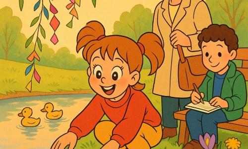 8-jarig meisje, blij en verwonderd, lichtbruin haar in staartjes, blozende wangen en grote glanzende ogen; ze hurkt aan de oever van een klein meer en legt een roze papieren bloemetje dat op het water drijft. Een vrouw van circa 35 jaar (moeder), kalm en lachend, donker haar opgestoken en licht pastelkleurig jasje, staat achter haar met een hand op een linnen tas en kijkt naar het bloemmetje. Een klasgenootje van ongeveer 8 jaar, nieuwsgierig met korte krullen en een groene jas, zit op een bankje en tekent het meer in een klein schetsboek. Locatie: klein meer bij zonsopgang met spiegelend water, natte grasrand, hangende treurwilgentak, riet en wilde bloemen, enkele eendenkuikens en gouden zonreflecties. Hoofdsituatie: het meisje laat zacht een papieren bloemetje los dat op het water ronddraait met kleine golfjes, kleurrijke papiertjes aan een tak die in de zachte bries ritselen; lenteachtige, zachte pastelkleuren, warme lichtcontrasten, jaren 90 tekenfilmstijl met duidelijke lijnen en ronde silhouetten.