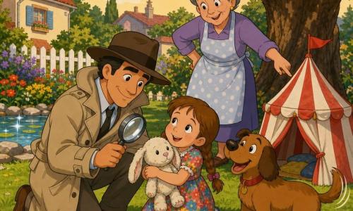 Un detective (Miguel), rostro cálido y decidido, con sombrero marrón, impermeable beige arrugado y una lupa brillante en la mano, se arrodilla sonriendo ante un pequeño juguete. Una niña (Ana, unos 6 años), pelo castaño claro en dos trenzas, vestido floreado y colorido, abraza un conejito de peluche blanco algo gastado llamado Pelusín, de pie delante del detective. Un perro (Tito), de tamaño mediano, marrón con orejas caídas, mueve la cola alegre junto a Ana mirando hacia una pequeña carpa de juego. Una vecina (señora Rosa, unos 65 años), cabello gris recogido en moño, con delantal de lunares y sonrisa amable, está bajo un gran árbol detrás de los niños señalando la mini carpa donde se encontró el juguete. Lugar: jardín suburbano luminoso con césped, parterres de flores, un pequeño estanque a la izquierda, una tienda de tela blanca y roja bajo la sombra de un roble y unas piedras en círculo. Situación: reencuentro: Miguel se arrodilla, Ana abraza a Pelusín, el perro mueve la cola, la vecina señala la carpa, ambiente alegre y colorido con luz suave de final de la tarde.