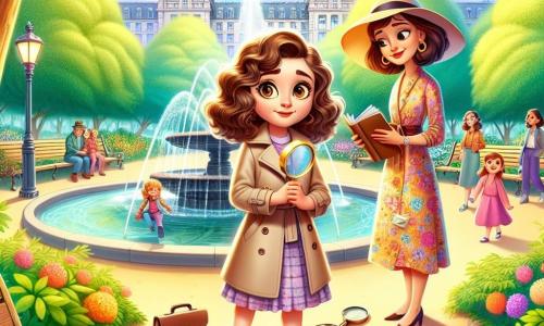 Una niña, Sofía, de unos 10 años, con cabello rizado y ojos curiosos, está en el centro de un parque soleado. Lleva un trench coat beige y una lupa en la mano, mostrando una expresión decidida y entusiasta. Cerca, una mujer elegante, Clara, de unos treinta años, con cabello rizado y un vestido colorido, observa a Sofía con una sonrisa amable, sosteniendo un cuaderno. El parque es verde, con grandes árboles, una fuente brillante en el centro y bancos de madera donde descansan familias. Flores coloridas bordean los caminos y niños juegan a lo lejos. Sofía, intrigada, examina un misterioso sombrero negro en el suelo, junto a una nota doblada, rodeada de un pequeño grupo de curiosos. La atmósfera está llena de suspense y emoción, como si un gran misterio estuviera a punto de resolverse.