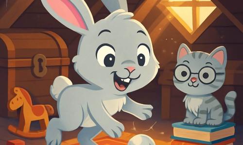 Ein kleiner Hase namens Emil mit einem weichen, seidigen, hellgrauen Fell und großen, ausdrucksvollen Ohren springt fröhlich auf einem alten, staubigen Teppich auf dem Dachboden. Seine Augen glänzen vor Aufregung und Neugier, als er einen kleinen, funkelnden silbernen Ball zu seinen Füßen entdeckt. In der Nähe beobachtet eine kleine Plüschkatze, Fräulein Schnurrhaar, mit gestreiftem Fell und runden Brillen, lächelnd und mit funkelnden Augen. Sie steht auf einem Stapel alter Bücher, bereit, Emil bei seinem Abenteuer zu helfen. Der Dachboden ist voller alter Holzkisten, bunter Spielzeuge und glänzender Spinnweben, was eine magische und geheimnisvolle Atmosphäre schafft. Sanftes Licht strömt durch ein Dachfenster und taucht die Szene in einen goldenen Schein. Emil, fasziniert, ist bereit, den silbernen Ball zu berühren, ohne zu wissen, dass er ihn in eine fantastische Welt voller Abenteuer transportieren wird.