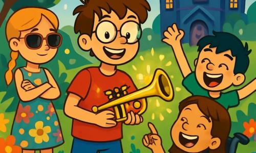 Er zijn 4 kinderen: - Tom: een 12-jarige jongen met een rommelige bruine haar en een bril met ronde glazen. Hij draagt een rode t-shirt en een blauwe short. Hij staat in het midden, met een glinsterende trompet in zijn handen en een grote glimlach op zijn gezicht. - Lisa: een 11-jarig meisje met gevlochten blond haar en een zonnebril. Ze draagt een kleurrijke bloemenjurk en staat links van Tom met haar armen gekruist, kijkend naar de trompet met nieuwsgierigheid. - Sam: een 12-jarige jongen met zwart haar en sproeten. Hij is gekleed in een groene t-shirt en korte broek. Hij staat rechts van Tom, springend van blijdschap met zijn armen in de lucht. - Noor: een 11-jarig meisje met kastanjebruin haar en een stralende glimlach. Ze zit in haar rolstoel, naast Tom, lachend en naar de trompet wijzend. De plek is een magische tuin, vol met kleurrijke bloemen die in de wind dansen en glinsterende lichten die in de lucht zweven. Op de achtergrond staat een oud mysterieus herenhuis met vensters in de vorm van ogen en een deur versierd met vreemde patronen. De belangrijkste situatie toont de kinderen die de magische trompet ontdekken die hen naar deze fantastische tuin heeft gebracht. Ze zijn verwonderd en lachen samen, klaar om een ongelooflijk avontuur te beleven in deze bizarre wereld.