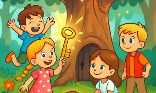 Er zijn 4 kinderen: - Lila: een 8-jarig meisje met lange gouden vlechten, gekleed in een roze jurk met witte stippen. Ze glimlacht vrolijk terwijl ze de glanzende sleutel in haar hand houdt. - Daan: een 7-jarige jongen met rommelig bruin haar, gekleed in een blauwe t-shirt en een groene short. Hij springt van opwinding met glinsterende ogen van nieuwsgierigheid. - Noor: een 8-jarig meisje met kastanjebruin haar en lichtblauwe ogen, gekleed in een witte blouse en een kleurrijke rok. Ze hurkt bij de eucalyptus en bekijkt de sleutel met verwondering. - Finn: een 9-jarige jongen met blond haar en sproeten, gekleed in een rode vest en beige broek. Hij staat klaar om te verkennen met een vastberaden uitdrukking op zijn gezicht. De locatie is een betoverende open plek, omringd door grote bomen met knoestige stammen en glinsterende bladeren. Overal groeien kleurrijke bloemen en een zachte zonnestraal filtert door de takken, wat een magische sfeer creëert. In het midden staat een majestueuze oude eik met een mysterieuze deur die uit de groene grond verschijnt. De belangrijkste situatie toont de kinderen die de glanzende sleutel ontdekken, omringd door een aura van opwinding en mysterie. Ze staan dicht bij de eik, hun gezichten verlicht door nieuwsgierigheid, klaar om de deur te openen die hen naar een ongelooflijk avontuur zou kunnen leiden.