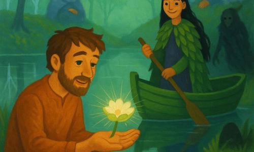 Un hombre adulto, Elías, de rostro sereno y barba incipiente, sostiene con delicadeza una pequeña flor pálida con bordes verdes y una gota luminosa en la palma; arrodillado junto a un lago espejo en un vallón envuelto en bruma verde translúcida, frente a una barca de madera verde. Detrás, de pie en la orilla derecha, Liora (unos 18 años) con cabello negro largo y capa de finas hojas, sonríe y apoya la mano en un remo; en una colina, la anciana Abuela Niebla, con chál de bruma y ojos vivos, observa desde una piedra. Una sombra oscura con bordes difusos retrocede hacia una roca mientras la luz cálida de la flor se extiende en filamentos, la niebla se abre en ondas y la escena, calma, muestra tonos verde menta, amarillo suave y gris perla con textura de pinceladas acrílicas.