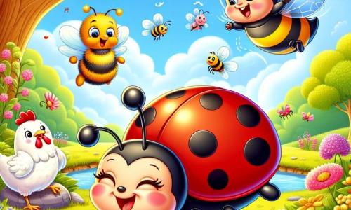 An illustration depicts a small ladybug with a shiny red shell dotted with black spots, joyfully floating in the air with a big smile. It has delicate antennas standing curiously, and its little legs are open, as if ready to explore. Next to it, a bumblebee with yellow and black stripes, with sparkling mischievous eyes, flies in circles, laughing and having fun. A little further away, a white and brown hen with a playful look stands on a small stone, laughing as it observes the scene. The setting is a colorful garden filled with vibrant flowers in shades of pink, yellow, and purple, under a clear blue sky dotted with fluffy clouds. In the background, a majestic oak tree provides shade, and a small pond sparkles in the sun. The main scene shows the ladybug and bumblebee playing together, while the hen encourages them by flapping its wings and laughing. Flower petals swirl around them, creating a joyful and festive atmosphere full of life and friendship. Dialogue bubbles could express their excitement and laughter, adding a playful touch to the illustration.