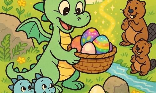 Milo, ein kleiner Drache, froh und staunend, mit hellgrünen Schuppen, runden kleinen Flügeln und glänzenden Augen, hält behutsam einen Weidenkorb mit bunten Eiern; ein sanft schimmerndes Regenbogenei mit satinierter Oberfläche und Punkten/Blättern fällt auf, links auf einem Moosfelsen sitzen zwei neugierige, lächelnde Babydrachen mit blassblauen Schuppen und blicken zu ihm, rechts am glitzernden Bach eine freundliche Bieberfamilie mit braunem Fell, die leise klatscht; Schauplatz: eine frühlingshafte Lichtung mit grünem Gras, gelben und blauen Blüten, Farnen und einem großen moosigen Felsen; gelb-goldene Funken wirbeln um den Korb und bilden über einem weißen Ei eine kleine Spirale wie Feenstaub; die Stimmung ist sanft und warm im Morgenlicht, pastellgesättigte Farben, einfache Konturen und runde Formen; Milo rettet ein kleines Ei und entdeckt in einer Felsspalte ein verborgenes goldenes Glöckchen.
