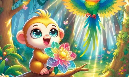 Mimi, una piccola scimmietta dal pelo dorato e lucente, è appollaiata su un ramo, con gli occhi scintillanti di eccitazione e un ampio sorriso sul volto. Tiene tra le mani un magnifico Fiore dei Sogni, un fiore luminoso dai petali multicolori che brillano al sole. Accanto a lei, Pino, un pappagallo dalle piume blu e verdi, vola gioiosamente intorno a lei, con le ali spiegate, cantando allegramente. La scena si svolge nella foresta verdeggiante di Banban, dove grandi alberi dai tronchi robusti e dalle chiome dense creano un'atmosfera magica. I raggi di sole filtrano tra le foglie, illuminando il terreno coperto di fiori colorati e foglie dorate. In questa illustrazione, Mimi e Pino celebrano la loro vittoria dopo aver trovato il Fiore dei Sogni, pronti a continuare la loro ricerca per scoprire la Mappa Magica, circondati dalla bellezza incantata della foresta.
