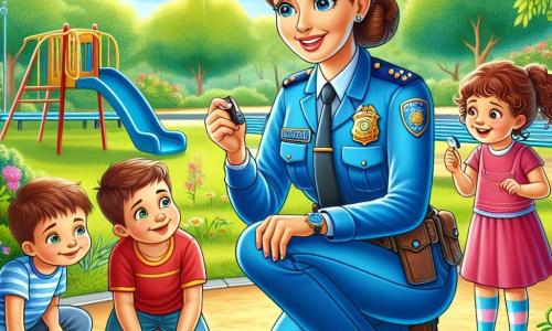 Uma policial, Clara, é uma mulher na casa dos trinta anos, com cabelos castanhos presos em um coque e um uniforme azul vibrante. Ela tem um sorriso caloroso e olhos brilhantes de curiosidade, enquanto se agacha para falar com um grupo de crianças. Miguel, um garoto de 8 anos com cabelos curtos e castanhos, usa uma camiseta vermelha e observa atentamente uma pegada no chão. Ao seu lado, Sofia, uma menina de 7 anos com cabelos longos e cacheados, aponta para um pequeno pedaço de papel encontrado no chão, seu rosto iluminado pela excitação. A cena ocorre em um parque ensolarado, cheio de árvores verdes, flores coloridas e brinquedos para crianças. Ao fundo, um escorregador e um balanço adicionam um toque alegre ao ambiente. Clara e as crianças estão em plena investigação para resolver o mistério dos brinquedos desaparecidos, examinando o chão e trocando ideias, criando uma atmosfera de camaradagem e aventura.