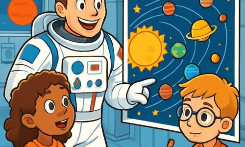 Een astronaut, een man van rond de dertig, glimlachend en enthousiast, draagt een glanzend wit ruimtepak met blauwe en rode details. Hij heeft bruin haar en een beschermende bril op zijn voorhoofd en toont een grote kaart van het zonnestelsel aan kinderen. Naast hem kijkt een 8-jarig meisje met krullend bruin haar gefascineerd naar de kaart. Een 9-jarige jongen met een bril en blond haar maakt geconcentreerd aantekeningen met een potlood. De scène speelt zich af in een modern ruimtecentrum met zilverachtige metalen muren, schermen die afbeeldingen van planeten tonen en modellen van raketten. Fel licht verlicht de ruimte, waardoor een dynamische en opwindende sfeer ontstaat. De astronaut legt aan de kinderen uit hoe hij zich voorbereidt op zijn reis naar Mars, terwijl de kinderen aandachtig luisteren, vol verwondering en vragen.