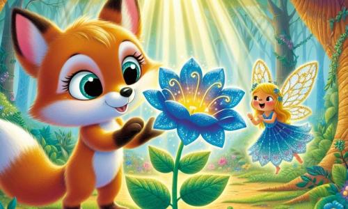 Um lindo raposo chamado Rufus, com pelagem dourada brilhante e olhos cheios de curiosidade, está no centro da cena, tocando delicadamente uma linda flor azul que brilha com uma luz mágica. Ao seu lado, uma pequena fada com asas cintilantes, vestida com um vestido feito de pétalas de flores, sorri alegremente, flutuando ligeiramente acima do chão. Ao fundo, uma floresta encantada se estende, com árvores majestosas de troncos grossos e folhas de um verde vibrante, enquanto flores coloridas cobrem o chão. Raios de sol filtram-se através dos galhos, criando uma atmosfera acolhedora e mágica. A cena principal mostra Rufus, maravilhado, descobrindo o poder da flor azul, enquanto a fada o encoraja com um olhar cúmplice, simbolizando a amizade e a magia da natureza.