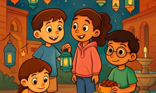 There are 4 children: Ayaan, a 10-year-old boy with brown hair and sparkling eyes, wearing a blue t-shirt and beige shorts, standing and smiling while holding a small glowing lantern; Mia, a 10-year-old girl with long curly hair tied in a ponytail, wearing a pink hoodie and jeans, next to Ayaan, looking at the lantern in wonder; Sami, an 11-year-old boy with black hair and glasses, wearing a green t-shirt and black pants, sitting on the edge of the fountain holding a pack of dates; and Leila, a 9-year-old girl with brown hair in braids, wearing a yellow floral dress, sitting on the ground surrounded by colorful lanterns, drawing in a notebook. The setting is an old courtyard surrounded by brick buildings, with a stone fountain in the center gently dripping water. Colorful lanterns shaped like moons and stars hang from wires above them, casting a warm and magical light. The starry sky and shining moon create an enchanted atmosphere. The main scene shows the children gathered around the fountain, sharing treats for iftar, laughing and chatting, mesmerized by the magic of the twinkling lanterns while expressing their wishes for the night of Ramadan.