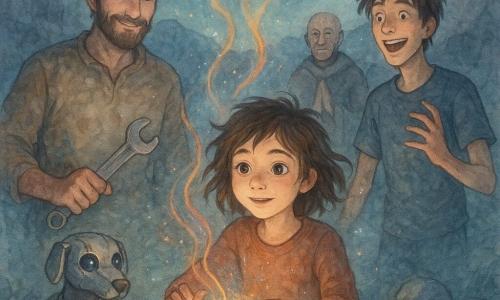 A lively 10-year-old girl with tangled brown hair and a freckled, light-speckled face places both hands on a glowing meteor, her expression gentle, focused and awestruck; behind her stands Brother Maia, about 35, sleeves stained with oil and stardust, smiling protectively and holding a shiny wrench; to the right, lanky 14-year-old Lio with tousled hair laughs in wonder as he reaches toward a meteor note; in the background Brother Ced, about 60, wrinkled and robed, watches calmly with hands clasped; to the left a polished-alloy mechanical dog called Skyhound stands alert with onyx eyes; the scene is a twilight valley of whispering silver grasses, a circle of smooth meteor stones on grey cliffs with caverns, soft aurora dawn light and drifting cosmic dust; at the center the girl touches a large meteor in a glowing circle, spirals of colored light rise as the stones hum like strings and distant metal silhouettes withdraw into shadow; delicate watercolor palette of washed midnight blue, silver-green, pale pink and gold with wet textures, soft edges and visible brushstrokes to evoke tactile magic.