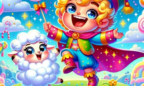 Um jovem príncipe alegre, com cerca de 10 anos, cabelos dourados e cacheados e um grande sorriso, veste uma capa colorida e um chapéu decorado com flores. Ele dança em uma colina de marshmallow, com os olhos brilhando de felicidade. Ao seu lado, um adorável cordeirinho, Cirrus, com pelagem branca e fofinha, pula alegremente, seu sininho tilintando a cada movimento. O cenário é uma colina suave e doce, coberta de marshmallow rosa, sob um céu azul claro com nuvens em forma de doces. Árvores de doce de leite cercam a área e flores coloridas dançam ao vento. O príncipe e Cirrus cantam juntos, cercados por bolhas mágicas brilhantes, celebrando sua amizade e aventura no reino encantado.
