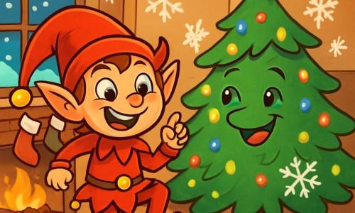 Um duende travesso de Natal, pequeno e travesso, com um grande sorriso malicioso, veste um traje vermelho brilhante adornado com sinos bonitos. Seus olhos brilham de malícia enquanto ele dança alegremente no meio de uma sala decorada com guirlandas cintilantes e flocos de neve de papel. Ao lado dele, um pinheiro de Natal sorridente, alto e majestoso, está coberto de luzes multicoloridas que brilham como estrelas. Ele parece encantado, com seus galhos se estendendo com orgulho, enquanto um floco de neve de papel gira ao seu redor. A cena acontece em uma aconchegante sala de estar, com uma lareira crepitante, meias penduradas acima e biscoitos de Natal em uma mesa de madeira. Flocos de neve caem suavemente do lado de fora, criando uma paisagem invernal mágica. O duende e o pinheiro de Natal se divertem juntos preparando uma surpresa mágica para a noite de Natal, enchendo a sala com uma atmosfera alegre e encantada.