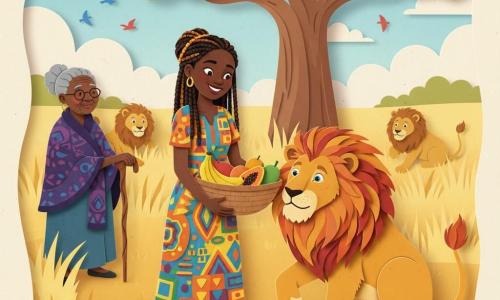 Amina, ~25, smiling with warm brown skin and braided hair in a colorful geometric dress, offers a large shiny basket of fruit to Nia, a big male lion with a golden coat, fiery mane and gentle curious eyes, who sits to the right sniffing the basket with a paw forward; Mama Zuri, ~70, with soft wrinkles and a shawl, stands left in the background with a benevolent gaze and hand on a carved wooden cane, three other friendly lions play and watch behind Nia; the vast savanna has tall golden grasses, a wide-trunked baobab and a pale blue sky with cut-paper clouds and stylized birds — a warm, peaceful scene of negotiation depicted in vivid colors, simple contrasting shapes and layered, cut-paper style.