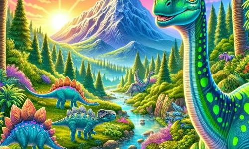 A young diplodocus named Dex stands at the edge of a beautiful hidden valley, his big eyes shining with excitement and curiosity. His long neck is adorned with small green spots, and his skin is a soft pastel blue that sparkles in the sun. He gazes in wonder at the lush plants and the shimmering stream winding through the landscape. Nearby, a family of stegosauruses rests peacefully, their shield-shaped plates reflecting the colors of the sunset. They appear friendly and welcoming, enjoying the gentle air. A couple of parasaurolophuses play joyfully by the stream, their elegant crests swaying with their movements. The scene unfolds in a green valley surrounded by majestic mountains with snow-capped peaks, where giant trees with vibrant leaves dance in the wind. Colorful flowers dot the ground, adding a touch of magic to this prehistoric landscape. Dex, the diplodocus, eagerly explores his new environment, ready to discover the wonders of this valley, while the other dinosaurs watch him with curiosity and kindness.