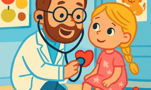 Een man, dokter Jan, wordt afgebeeld met een grote warme glimlach, in een witte jas en met ronde bril. Hij heeft bruin haar en een goed verzorgde baard. Hij zit op zijn hurken en houdt een hartvormige stethoscoop vast, terwijl hij het hart van een klein meisje beluistert. Het meisje, ongeveer 6 jaar oud, heeft lange blonde vlechten en draagt een roze jurk met bloemenmotieven. Ze kijkt de dokter met glanzende ogen aan, een mix van opwinding en nieuwsgierigheid. De illustratie speelt zich af in een lichte en uitnodigende dokterspraktijk, met lichtblauwe muren, kleurrijke posters van fruit en dieren, en speelgoed verspreid over de vloer. In deze scène stelt dokter Jan het meisje gerust dat een schaafwond op haar knie heeft, en laat hij zien dat hij er is om haar te helpen en haar te laten glimlachen.