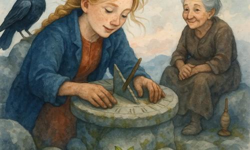Freya steht im Zentrum, konzentriert und gelassen, rundes Gesicht, helle Haut mit Sommersprossen, blonde geflochtene Haare im Wind, in einem tiefblauen Wollmantel und einer terrakottafarbenen Tunika, sie repariert ein altes Steinsonnenrad, ihre Hände sind erdig; rechts sitzt die etwa 70-jährige Hüterin des Gipfels mit grauen Haaren im Dutt und einem abgetragenen braunen Kleid auf einem Felsen, mit wohlwollendem Blick und einer kleinen Holzspindel neben sich; links auf dem Rand des Zifferblatts hockt ein glänzend schwarzer Rabe mit wachen Augen und geneigtem Kopf; im Vordergrund eine im lockeren Boden gelegte Samen und eine zarte grüne Keimung als Hoffnungssymbol; windgepeitschter Gipfel mit strukturierten grauen Felsen, grünem Flechten- und Moosbewuchs, am Horizont ein paar rosé-goldene, zarte Wolken; Farbpalette: kühle Blautöne, Steingrau, warme Ocker- und Kupferakzente, leichtes Orange für das Abendlicht; Stil: sanfte Aquarellmalerei, leicht verschwommene Konturen, feine Details bei Gesichtern und Steintextur, zentrierte Komposition, nordische, ruhige Atmosphäre.