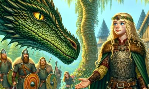 Freyja, una giovane donna vichinga di circa 20 anni, si trova coraggiosamente di fronte a un enorme drago dalle squame scintillanti. Ha lunghi capelli dorati che fluttuano nel vento, occhi blu brillanti di determinazione e indossa una tunica di cuoio decorata con motivi nordici. Il suo viso esprime sia coraggio che compassione mentre tende la mano verso il drago, pronta a stabilire un legame di amicizia. Accanto a lei, Fafnir, il drago maestoso, è un essere colossale con squame verdi e dorate che brillano al sole. I suoi occhi gialli guardano Freyja con curiosità e una punta di tristezza. Sullo sfondo, un gruppo di guerrieri vichinghi, tutti in armatura, osserva la scena con espressioni di sorpresa e ammirazione, alcuni impugnando le spade, altri con le mani sui fianchi. La scena si svolge in una foresta verdeggiante, illuminata da una luce dorata, con alberi maestosi e fiori colorati. Freyja, determinata a stabilire la pace, tende la mano verso Fafnir in un gesto di riconciliazione, mentre i guerrieri vichinghi, intrigati, si radunano intorno a loro, pronti ad assistere a questo momento magico che potrebbe cambiare il destino del loro popolo.