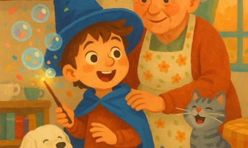 Nico, un piccolo apprendista stregone, guarda stupito con viso rotondo e occhi grandi, capelli castani spettinati, mentre con una piccola bacchetta di legno fa apparire bolle luminose e coriandoli; la nonna settantenne dalla pelle rugosa sorride teneramente con un grembiule floreale appoggiando la mano sulla sua spalla; Piuma, il cane bianco e soffice con macchie di marmellata sul muso, è seduto vicino scodinzolando; Micio, il gatto grigio a strisce, è su una mensola tra tazze e libri, con le vibrisse che fremono; la scena si svolge in una cucina-soggiorno calda color crema con scaffali di legno pieni di libri e vasetti, una tavola rotonda con tovaglia a quadretti e una finestra da cui entra una luce serale dolce; atmosfera calma e piena di meraviglia, colori caldi e pastello, texture di pittura acrilica.