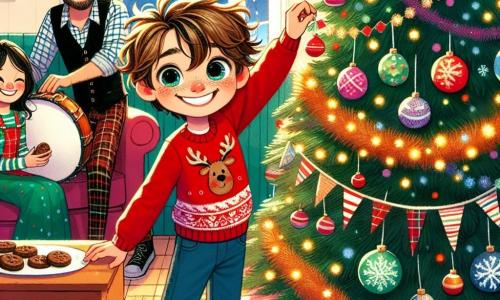 Un ragazzo di 9 anni, Leo, con capelli castani disordinati e occhi brillanti di gioia, è al centro dell'immagine, sorridendo ampiamente mentre decora un grande albero di Natale con ghirlande colorate e palline scintillanti. Indossa un maglione rosso con un motivo di renna e pantaloni di jeans. Accanto a lui, sua madre, una donna di circa 35 anni con lunghi capelli ricci, sorride tenendo un piatto di biscotti al cioccolato, pronta a posizionarli sul tavolo. Indossa un maglione verde festivo e un grembiule con motivi di fiocchi di neve. Nell'angolo della stanza, suo padre, un uomo di circa 40 anni con una barba corta e occhiali, sta montando un grande tamburo, ridendo e incoraggiando Leo a continuare a decorare. Indossa una camicia a quadri e un gilet nero. La scena si svolge in un soggiorno caldo e colorato, pieno di decorazioni di Capodanno: palloni multicolori, ghirlande scintillanti e un grande albero di Natale illuminato. Le pareti sono decorate con disegni di bambini e luci lampeggianti che creano un'atmosfera festosa. La situazione principale mostra Leo, pieno di entusiasmo, mentre prepara una grande festa di Capodanno con la sua famiglia e i suoi amici, mentre ridono e si divertono insieme, creando ricordi indimenticabili.