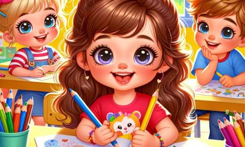 Una bambina di 4 anni, Sofia, con lunghi capelli castani e occhi pieni di curiosità, sorride gioiosamente mentre tiene in mano dei pastelli. È seduta a un tavolo di legno, circondata da fogli colorati, pronta a disegnare. Accanto a lei, un bambino di 5 anni, Marco, con i capelli biondi e un t-shirt rossa, guarda attentamente un libro illustrato. Un'altra bambina, Mia, di 4 anni, con due codini e un vestito a fiori, ritaglia forme di carta con le forbici. La scena si svolge in un'aula luminosa, con pareti gialle e finestre che lasciano entrare la luce del sole. Sofia e i suoi amici stanno preparando un grande progetto per il giorno della scuola, ognuno portando le proprie idee e il proprio entusiasmo per creare insieme un bellissimo cartellone colorato.