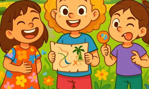Ci sono 3 personaggi: - Emma: una ragazza di 8 anni, con capelli ricci e dorati, che indossa una maglietta blu e pantaloni corti rosa. È al centro, sorridente, con una mappa del tesoro in mano. - Giulia: una ragazza di 8 anni, con capelli castani e lisci, vestita con un abito a fiori colorati. È a sinistra di Emma, ride a crepapelle, con una mano sulla pancia. - Sofia: una ragazza di 8 anni, con capelli castani raccolti in una coda di cavallo, che indossa una maglietta viola e pantaloni verdi. È a destra di Emma, tiene una caramella in una mano e fa una smorfia divertente. L'ambientazione è un campo soleggiato, pieno di fiori multicolori e alte erbe che ondeggiano dolcemente nel vento. Sullo sfondo si vede un vecchio ponte di legno sopra un ruscello scintillante, e alberi verdi circondano il paesaggio. La scena principale mostra le tre amiche che ridono insieme, circondate da fiori, mentre preparano una festa del tesoro, con caramelle colorate sparse attorno a loro. Le espressioni gioiose sui loro volti illustrano la loro complicità e la felicità di stare insieme.