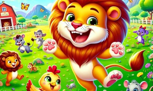Un leone malizioso di nome Leo, con una criniera dorata e un grande sorriso furbo, si trova al centro dell'immagine, saltellando gioiosamente in un campo verde. Accanto a lui, una gallina rossa di nome Clara, con piume brillanti e occhi vivaci, alza una zampa ridendo, mentre un piccolo topo grigio, curioso e sorridente, si fa strada tra l'erba alta, tenendo un anello lucente tra le piccole zampe. Lo scenario è un campo soleggiato, punteggiato di fiori colorati e farfalle svolazzanti, con una fattoria colorata sullo sfondo, dove si possono vedere altri animali divertiti dalla scena. La situazione principale mostra Leo e i suoi amici alla ricerca di un anello perso, circondati da risate e gioia, creando un'atmosfera festosa e amichevole.