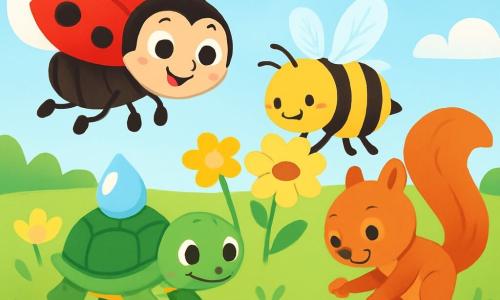 A little ladybug named Lily, with bright red wings dotted with black spots, joyfully smiles while flying over a colorful flower field. Her sparkling eyes express enthusiasm and determination. Next to her, Benny the bumblebee, with his black and yellow striped body, is pollinating a flower, his small, vibrant wings shining in the sun. Timmy the turtle, with his green shell and gentle eyes, carries a drop of water on his back, slowly walking on the green grass. Sally the squirrel, with her reddish fur and mischievous eyes, dances while planting seeds in the fertile soil. The scene is a vast sunny meadow filled with multicolored flowers and lush green grass, under a clear blue sky dotted with fluffy white clouds. The main situation shows Lily and her friends united in a joyful effort to revive the meadow, each contributing in their own way to make nature bloom.