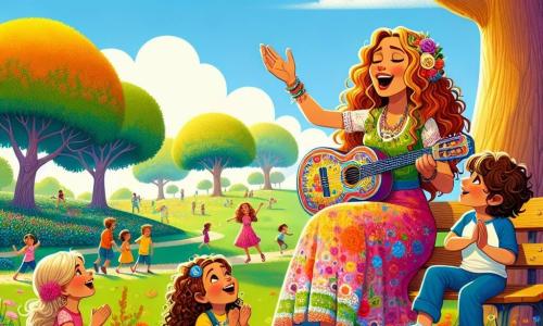 Eine fröhliche Frau, Mia, singt mit einem großen Lächeln im Gesicht, hat lange, lockige Haare, trägt ein buntes Kleid und Sandalen. Sie hält eine kleine, mehrfarbige Gitarre und sitzt auf einer Bank in einem sonnigen Park. Neben ihr sitzt ein kleines Mädchen namens Anna, 6 Jahre alt, mit geflochtenen blonden Haaren und einem rosa Kleid, das begeistert applaudiert. Ein kleiner Junge namens Tom, 7 Jahre alt, mit zerzausten braunen Haaren und einem blauen T-Shirt, tanzt fröhlich und singt den Text des Liedes mit. Der Park ist grün, mit großen Bäumen, bunten Blumen entlang der Wege und Kindern, die in der Ferne spielen. Der Himmel ist strahlend blau mit einigen flauschigen weißen Wolken. Die Szene zeigt Mia, die ein fröhliches Lied singt, umgeben von Kindern, die aufmerksam zuhören, applaudieren und Spaß haben, und schafft eine Atmosphäre von Glück und Kameradschaft.