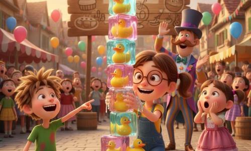 A joyful, focused 10-year-old girl with brown pigtails, round glasses, a yellow T-shirt and blue overalls crouches on the ground stacking shiny jelly cubes, rubber ducks and a banana, smiling with sparkling eyes and jelly‑sticky hands; a roughly 50-year-old male judge with a caterpillar mustache, colorful suit and top hat stands behind her to the right, raising his hand and applauding; a 12-year-old boy with messy hair and a jelly‑stained green T-shirt sits to the left laughing and pointing at the wobbling tower; a 6-year-old girl in a pink dress stands near the front of the crowd, mouth open and hands on her cheeks in wonder; the cobbled village square is decorated with multicolored garlands, painted wooden stalls, floating balloons and a large Festival of Fantastic Flops sign in golden afternoon light as the crowd counts aloud, surprised and amused.
