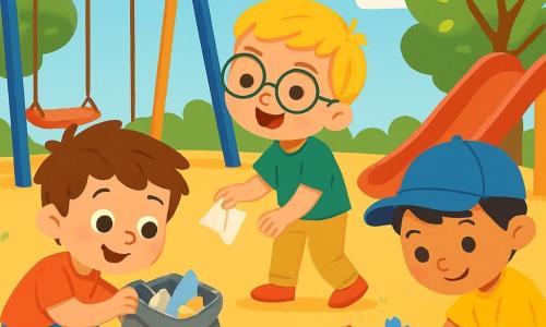 Há 3 personagens: Lucas, um menino de 3 anos com cabelos castanhos bagunçados, vestindo uma camiseta vermelha e um short azul, agachado segurando uma sacola cheia de lixo que acabou de pegar; Pedro, um menino de 3 anos com cabelos loiros e óculos redondos, vestindo uma camiseta verde e uma calça bege, em pé pegando um papel do chão com um grande sorriso; e João, um menino de 3 anos com cabelos negros e um boné azul, vestindo uma camiseta amarela e um short listrado, de joelhos plantando sementes na terra, cercado por pequenas flores coloridas. A cena se passa em um parquinho ensolarado, com balanços coloridos, um escorregador vermelho e um chão de areia dourada, cercado por árvores verdes com folhas brilhantes e nuvens brancas flutuando em um céu azul claro. Os três amigos estão limpando o parquinho, Lucas e Pedro recolhendo lixo enquanto João planta sementes, todos sorridentes e concentrados em deixar o local bonito e acolhedor para as crianças.