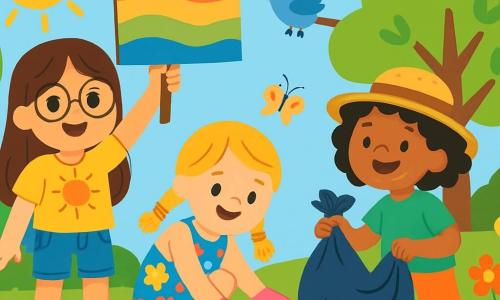 There are 3 characters: - Lily: An 8-year-old girl with long brown hair and round glasses. She wears a yellow t-shirt with a sun design and denim shorts. She is standing, holding a colorful sign that says "Join us for a cleanup!" - Mia: A 7-year-old girl with braided blonde hair and a bright smile. She wears a floral dress and sandals. She is crouched down, picking up a piece of paper with pink gardening gloves. - Zoe: An 8-year-old girl with curly black hair and a straw hat. She wears a green t-shirt and shorts. She is standing next to Lily, holding a trash bag filled with waste, with a big smile on her face. The scene takes place in a sunny park filled with colorful flowers, green trees, and a clear blue sky. Birds can be seen singing in the branches and butterflies dancing around the flowers. The ground is scattered with litter, but the children are busy cleaning it up. The main situation shows the three friends picking up trash to make the park more beautiful. They are cheerful and determined, surrounded by nature, with radiant smiles on their faces.