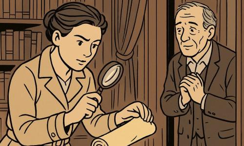 The detective is a woman of about 32 with short hair slicked back, wearing a light trench coat, a focused curious expression, holding a magnifying glass in one hand and gently pulling a rolled canvas from a secret compartment; the secondary character is Mr. Green, a man of about 55 with a weathered face and tired but relieved eyes, standing in the doorway with hands clasped and leaning slightly toward the detective; the setting is a library in an old manor with tall dark wood shelves filled with books, velvet curtains drawn aside, a diagonal beam of light meeting a sharp shadow, a plank floor with a small scratch, and a carved wooden panel ajar revealing the hiding place; the main moment is the discovery: warm light partially illuminating the rolled canvas, strong light-and-shadow contrasts, expressions of surprise and relief, composition centered on the hands removing the painting and the magnifying glass catching the light.