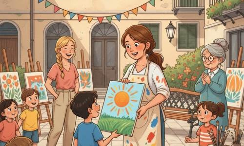 Sofia sorride calorosamente, guance rosee, capelli castani raccolti in coda, indossa un grembiule macchiato di vernice e porge un grande quadro con un campo e un sole arancione; Tommaso, ragazzo di circa 10 anni, occhi brillanti e capelli neri corti, in maglietta blu, riceve il quadro stupito; Marta, donna sui 30 anni con treccia bionda, sorride con le mani in tasca a sinistra dietro Sofia; la signora Adele, anziana di circa 70 anni con capelli grigi raccolti e occhiali tondi, applaude a destra vicino a una panchina; scena nella corte pavimentata di un palazzo con festoni colorati, cavalletti e barattoli di vernice su un vecchio tavolo: inaugurazione gioiosa di una piccola mostra, atmosfera luminosa e conviviale.