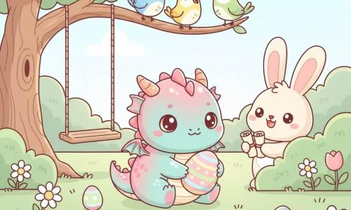 A small plush baby dragon with a round fluffy body, iridescent pink and turquoise scales, big shiny eyes and joyful brows, smiling and gently holding a polka‑ and striped‑patterned Easter egg; a cartoon Easter bunny with long ears, cream fur and a pink nose, peeking from behind a bush offering rolled little messages; three kawaii birds in blue, yellow and green perched on a branch above the dragon, singing and tilting their heads; set in a bright spring meadow with green grass, stylized tulips and daisies, glittering smooth rocks and a large welcoming tree with a rope swing; a calm joyful egg hunt scene, centered composition, vivid pastel colors, soft textures and rounded outlines.