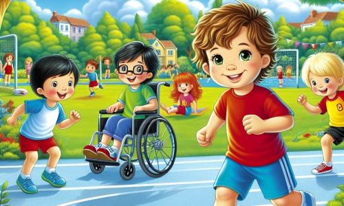 In einem sonnigen Park sind vier Kinder versammelt, um an einem großen Sporttag teilzunehmen. Max, ein 8-jähriger Junge mit unordentlichen braunen Haaren und einem strahlenden Lächeln, steht in der Mitte, bereit zu laufen, gekleidet in ein rotes T-Shirt und blaue Shorts. Rechts von ihm sitzt Leo, ein 9-jähriger Junge im hübschen Rollstuhl, mit blonden Haaren und Brille, der begeistert lächelt und ein grünes T-Shirt trägt. Links von Max springt Tim, ein 8-jähriger Junge mit schwarzen Haaren und funkelnden Augen, auf der Stelle, gekleidet in ein gelbes T-Shirt und schwarze Shorts. Schließlich steht Lukas, ein 8-jähriger Junge mit roten Haaren und Sommersprossen, hinter ihnen und feuert sie an, während er ein hellblaues T-Shirt trägt. Der Ort ist ein grüner Park mit majestätischen Bäumen, bunten Blumen und einem großen Sportplatz, auf dem verschiedene Aktivitäten stattfinden. Der Himmel ist strahlend blau mit einigen fluffigen weißen Wolken, und Kinder spielen fröhlich um sie herum. Die Hauptsituation zeigt Max, der sich an der Startlinie eines Rennens in Bewegung setzt, während Leo, Tim und Lukas ihn mit Lächeln und begeisterten Gesten anfeuern, was eine Atmosphäre von Kameradschaft und Aufregung schafft.