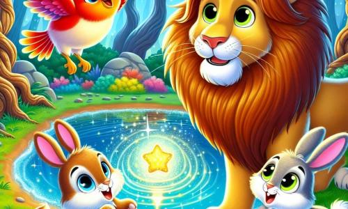 A majestic lion named Leo, with a vibrant golden mane and sparkling curious eyes, stands by a shimmering lake, a look of wonder on his face. Beside him, a bright red little bird named Pip, with shiny feathers and a cheerful demeanor, flies around Leo, singing joyfully. Nearby, two adorable rabbits, Luna and Milo, with soft, silky fur, hop closer, their eyes shining with excitement. The setting is an enchanted forest, with gnarled tree trunks and vibrant green leaves, while the lake reflects the colors of a rainbow. Leo discovers a sparkling magic bell in the grass, ready to make a wish, surrounded by his new friends, all eager to embark on an adventure together.