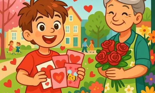 An 8-year-old boy named Oliver, with messy brown hair and sparkling curious eyes, stands at the center of the image, beaming with a big smile while holding a stack of colorful Valentine's Day cards. He wears a bright red t-shirt and blue shorts, and his enthusiasm is palpable. Next to him, a middle-aged woman, Mrs. Rosewood, the florist, has gray hair in a bun and a floral apron. She smiles warmly at Oliver, holding a bouquet of bright roses in her arms, surrounded by colorful flowers. The setting is in a charming small town, with pastel-colored houses, blooming trees, and a blue sky dotted with fluffy white clouds. In the background, a lush park can be seen where children are playing and couples are strolling hand in hand. The main scene shows Oliver, radiating joy, distributing his Valentine's cards to passersby, while paper hearts float around him, creating a festive and loving atmosphere.