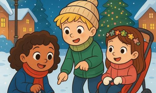 There are three children: Mira, a 5-year-old girl with big sparkling eyes and curly hair, wearing a bright red scarf and a blue coat. She is crouching, holding a small silver bell in her hand, with a look of wonder. Tom, a 5-year-old boy with messy blonde hair and rosy cheeks, is dressed in a green jacket and a wool hat. He stands pointing at a snow footprint on the ground with a curious expression. Ana, a little girl of 5 sitting in a red stroller, has smooth hair and a small flower crown on her head. She looks at her friends with sparkling eyes, holding a small wool mitten in her hand. The setting is a peaceful, snowy street lined with houses with glittering snow-covered roofs. Golden street lamps softly illuminate the path, and snowflakes gently fall, creating a magical atmosphere. In the background, a large Christmas tree decorated with lights shines under the starry sky. The main scene shows the three children searching for a lost object, with joyful and determined expressions, surrounded by sparkling snow, while Mira's bell emits a soft jingle, adding to the magic of the scene.