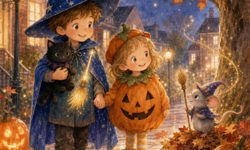 An 8-year-old boy, Timmy, smiling and wide-eyed, wears a blue wizard hat with slipping silver stars, holds a small glowing miniature broom and clutches his black cat plush Whiskers; a joyful, proud 5-year-old girl, Lucy, dressed as an orange pumpkin with green-leaf shoes, holds Timmy's hand and watches a tiny magical mouse, Maple—a minuscule, light-gray shimmering mouse in a tiny pointed hat holding a pencil-sized broom—perched on a pile of leaves at the base of a large oak on a residential street lined with brick houses, soft lampposts and glowing carved pumpkins, red and yellow leaves swirling and faint golden dust in the air; Timmy and Lucy are helping the mouse retrieve her miniature broom, conveying warmth, cooperation and gentle nighttime magic.