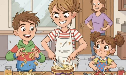 A 12-year-old girl, mischievous and focused with a smile, light brown ponytail, striped T‑shirt and stained apron, holds a butter knife preparing a slice of bread; a roughly 10-year-old brother with messy hair and an excited, sly look at left stacks chips and cheese with crumbs flying; a joyful ~7-year-old sister with curly hair at right spreads jam and places marshmallows, a smear of jam on her cheek; the mother stands near the door in the background, smiling and surprised with hands on hips; a cluttered family kitchen under soft, rainy daylight—wooden countertop strewn with ingredients, a fogged window with raindrops—centers on a chaotic, colorful tower of sandwiches with uneven layers, dripping jam and rolling marshmallows, creating a playful, slightly messy atmosphere.