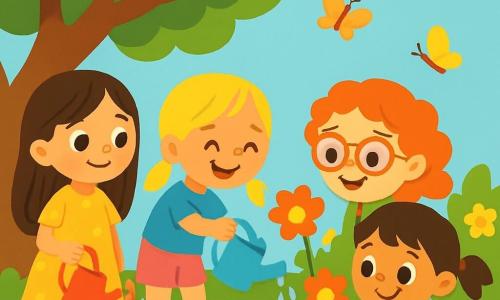 Ci sono 4 bambini: Anna, una ragazza di 6 anni con lunghi capelli castani e occhi scintillanti, indossa un vestito giallo a fiori e tiene un piccolo annaffiatoio; Mia, una ragazza di 5 anni con capelli biondi intrecciati e un sorriso radioso, è vestita con una maglietta blu e pantaloni corti rosa, mentre versa acqua su una pianta; Livia, una ragazza di 6 anni con capelli ricci rossi e occhiali, indossa una salopette verde e osserva i fiori con meraviglia; Sara, una ragazza di 5 anni con capelli neri e trecce, è vestita con un vestito viola e si accovaccia vicino a una bella lattuga. I bambini si trovano in un giardino soleggiato, circondati da fiori colorati e ortaggi verdi, mentre farfalle volano intorno a loro e un grande albero ombreggiato li protegge dal sole. I bambini stanno annaffiando allegramente le piante, ridendo insieme e godendosi la loro giornata estiva.