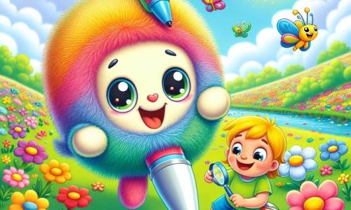 Kolorowa maskotka w kształcie długopisu z uśmiechniętą głową skacze z radości pośród kwiecistego pola, jej oczy błyszczą szczęściem. Trzyma w jednej ręce mały notes, gotowa rysować wiosenne cuda. W pobliżu młody chłopiec z blond włosami i błyszczącymi oczami, ubrany w zielony t-shirt i niebieskie szorty, z zachwytem obserwuje kwiaty. Klęczy z szerokim uśmiechem na twarzy, trzymając lupę, aby zbadać ładnego, kolorowego owada, który lata wokół niego. Miejsce to rozległe, słoneczne pole, usiane wielokolorowymi kwiatami, takimi jak tulipany, żonkile i stokrotki, pod jasnoniebieskim niebem z kilkoma puszystymi białymi chmurami. Główna scena pokazuje małą maskotkę i chłopca w trakcie eksploracji, otoczonych pięknem natury, wspólnie poszukujących wiosennych skarbów, pełni radości i ciekawości.