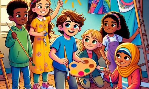 In a colorful classroom, five children stand around a large painting wall. Leo, an 11-year-old boy with brown hair and sparkling eyes, is at the center holding a brush with a determined smile. Mia, a 10-year-old girl with curly hair in a sunny yellow dress, is to Leo's left mixing colors on a palette, her face beaming with enthusiasm. Aisha, an 11-year-old girl with long black hair wearing a colorful hijab and a green t-shirt, is to Leo's right painting a cultural symbol on the wall, focused and passionate. Amir, a 12-year-old boy with tanned skin and short hair in a red hoodie, stands slightly back holding a large poster with words of respect and inclusion, ready to hang it on the wall. An older boy, a 14-year-old with blonde hair and fair skin, is in the background observing the group with a curious smile, beginning to understand their message. The bright classroom features vividly painted walls and posters celebrating diversity, with brushes, paint pots, and rollers scattered on wooden tables, and a large white wall waiting to be transformed into a beautiful mural. The main scene shows the children painting a vibrant mural that represents their cultures while sharing laughter and stories, illustrating the importance of inclusion and respect, with a message of solidarity and friendship emerging from their collaboration.