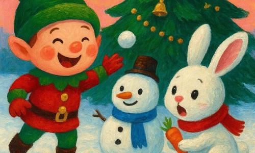 A mischievous smiling Christmas elf with a round face, red cheeks and a green pompom hat throws a snowball toward a joyful anthropomorphic white plush rabbit with a red scarf and carrot, while a small cute snowman with a blue scarf and carrot nose stands between them; scene in a snowy garden before a decorated fir with golden garlands and bells, thick shiny snow and a pale pink twilight sky, bright contrasting colors, thick visible acrylic paint texture, soft rounded strokes, depicting friendship and childlike joy as the elf and rabbit build the snowman together.