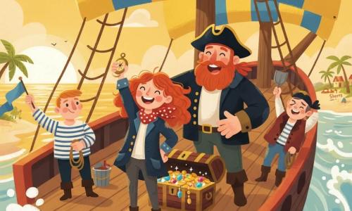 The protagonist is Clara, a joyful young woman with a bright smile and rosy cheeks, vivid curly red hair, a worn navy jacket and a red polka-dot scarf, proudly holding a small compass; Captain Jolly Roger is a tall jovial man with a thick red beard and a black tricorne, his hand on Clara’s right shoulder; Squinty Steve is a slightly shorter adult with one squinted eye in a striped sailor shirt holding a thick rope and looking toward the horizon on the left; two other sailors wave colorful flags and carry buckets and shovels on the aft deck; the scene is on the varnished wooden deck of the ship The Merry Squid with yellow and blue sails and thick rigging, an open treasure chest of sparkling jewels and gold at the center; Clara stands at the center on a plank near the chest, raising her compass as the sunset gilds the spray, the crew applauds and the shore of Sandy Shores appears in the background.