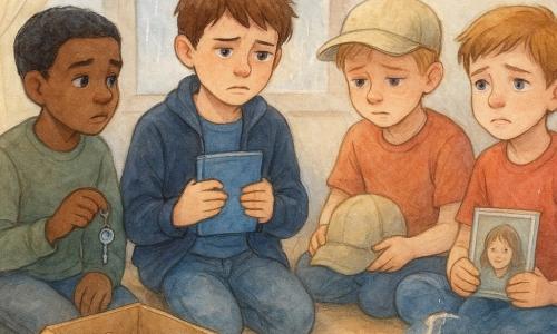 Vier jongens van ongeveer 11 jaar zitten dicht in een kring op de vloer van een warm familiewoonkamer met licht eiken vloer en een grote raam met regen. Midden-links een jongen met warrig bruin haar, marineblauwe jas en versleten jeans houdt een blauw notitieboekje tegen zijn borst, verdrietig maar vastberaden. Rechts daarvan een jongen met kort blond haar houdt een versleten pet op zijn knieën en kijkt naar beneden. Links van het midden een jongen met zwart haar en kaki trui speelt met een kleine sleutelhanger/skateboard tussen zijn vingers. Rechts zit een jongen met lichtbruin haar en rood T‑shirt die een klein stripalbum tegen zijn knieën houdt met een ingehouden traan. Voor hen op de grond een open kartonnen doos met herinneringen (knuffel, pet, figuurtje, sleutels), een salontafel met een kop thee en een ingelijste foto van het overleden kind. Intieme, melancholische sfeer met grijs regenlicht, waterverfachtige washes en witte gelpennen accenten op tranen, houtreflecties en kledingplooien; focus op gezichtsuitdrukkingen en de gekozen voorwerpen.