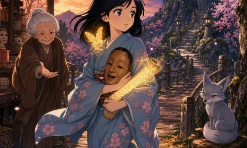 Akiko, mujer adulta de cabello negro hasta los hombros y kimono azul claro con flores de cerezo, sonríe suavemente y sostiene contra el pecho un máscara de noh de madera mientras avanza con cuidado; detrás, una anciana de unos 70 años con cabello blanco en moño y haori marrón la mira y extiende la mano con sonrisa misteriosa; un pequeño zorro plateado de ojos traviesos está en una toconera observando desde la senda y una mariposa dorada de alas translúcidas se posa en el hombro de Akiko; todo ocurre en un sendero montañoso japonés al anochecer con puente de madera, cerezos en flor, piedras musgosas y un templo de piedra en la cima bajo la luna; Akiko se acerca al templo sosteniendo también un pergamino antiguo cuyas letras reaparecen en una atmósfera mágica y serena, con el cálido ocaso contrastando con la fría luz lunar.
